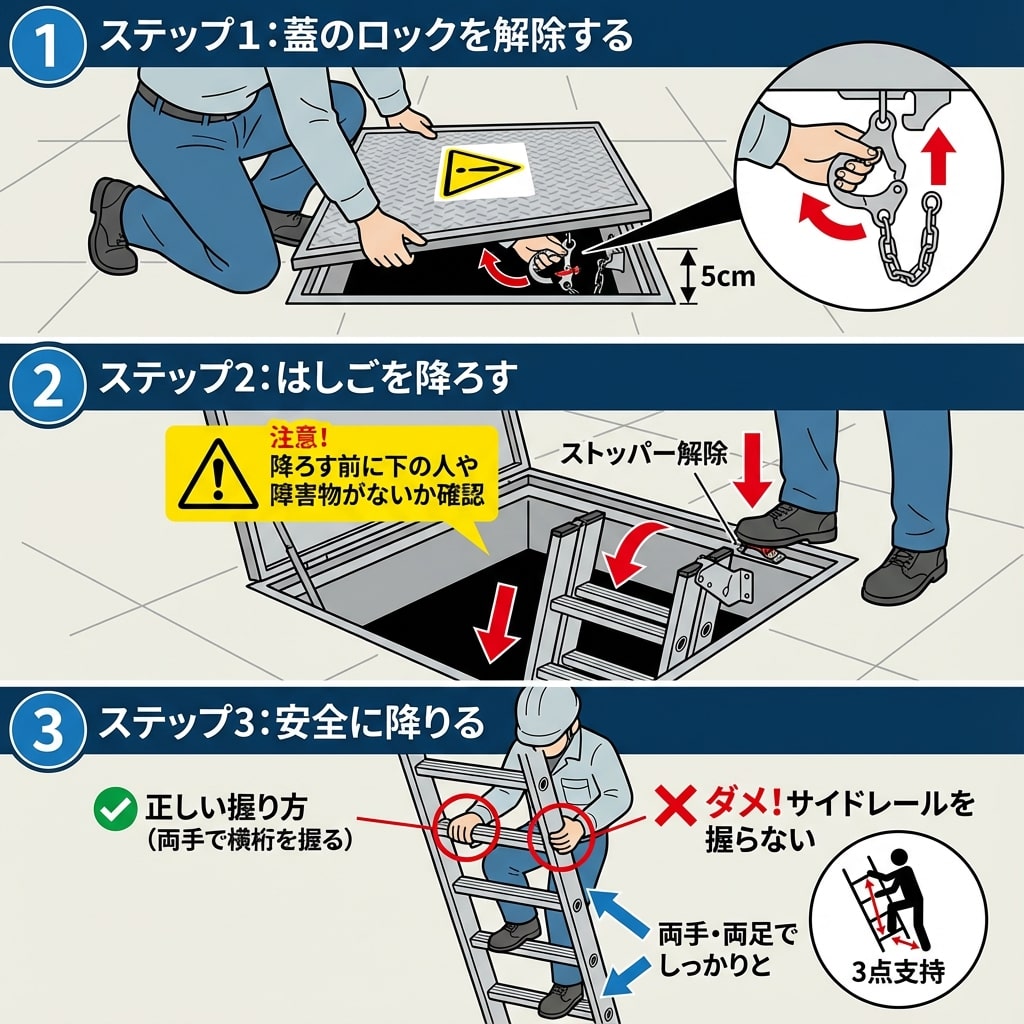 安全な避難ハッチの操作手順