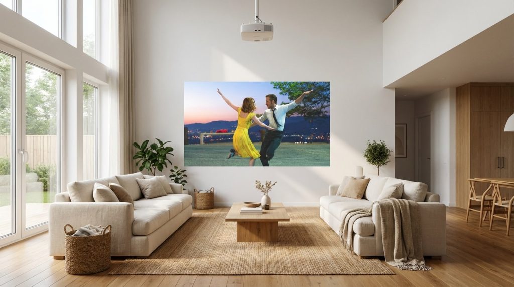 開放感のある高天井リビングで、壁一面に映画が投影されている様子