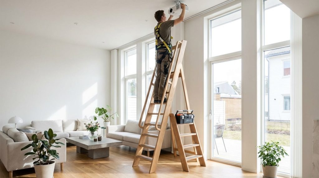 木製梯子を使って安全に天井近くの機器をメンテナンスしている実用的な様子