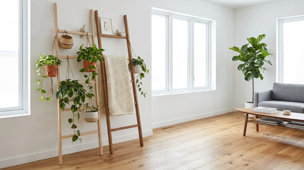 梯子に観葉植物やブランケットをディスプレイした北欧風の見せる収納