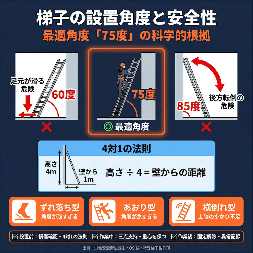 梯子の設置角度と安全性の図解